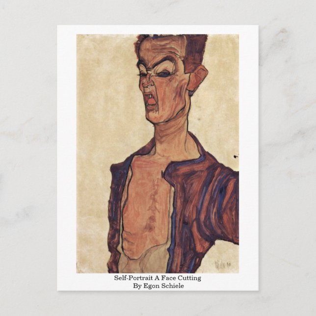 Postal Autoretrato Un Corte De Cara Por Egon Schiele (Anverso)