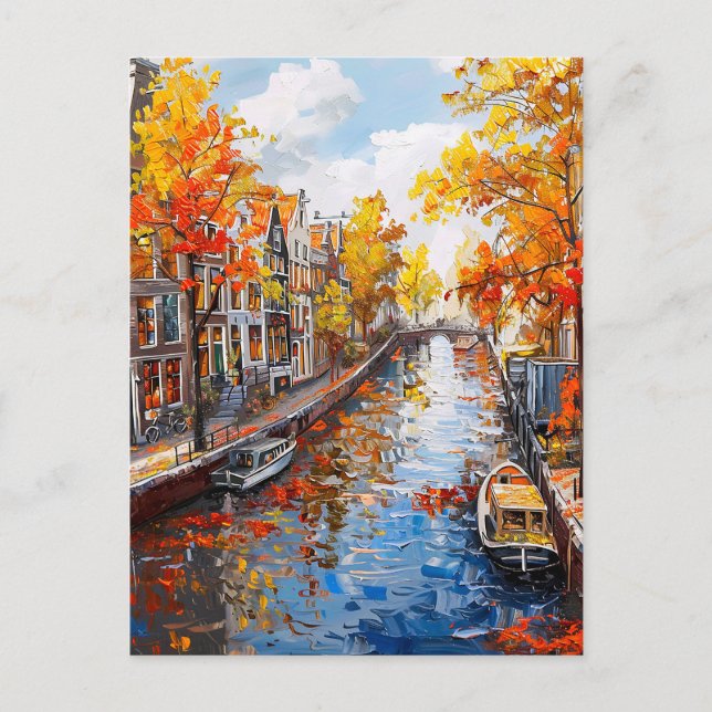 Postal Autumn Canal with Boats and Colorful Houses Painti (Anverso)