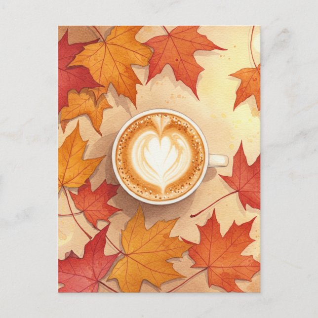 Postal Autumn Coffee Postcard Cozy Fall Leaves Latte Art (Anverso)