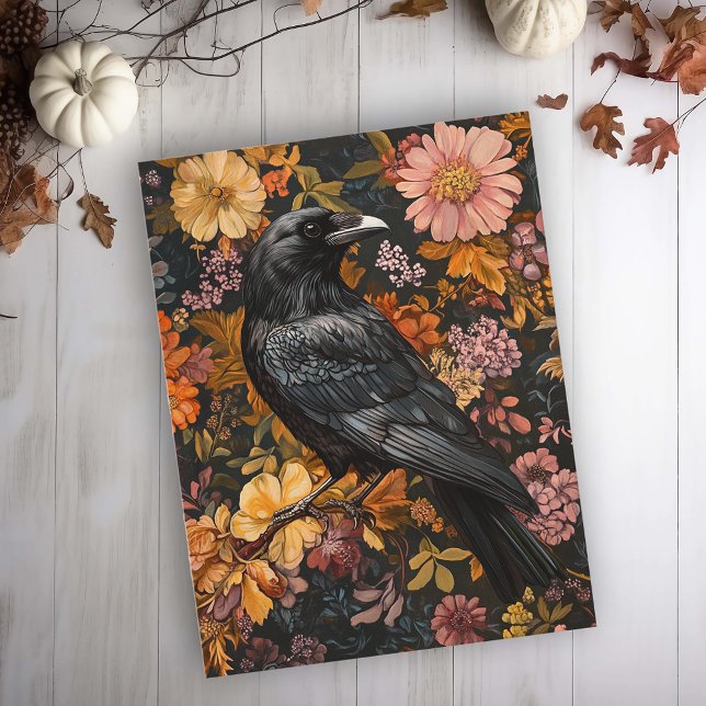 Postal Autumn Floral Raven Crow (Subido por el creador)