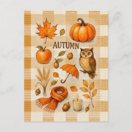 Postal Autumn Magic Postcard Cozy Fall Owl Pumpkin Leaves