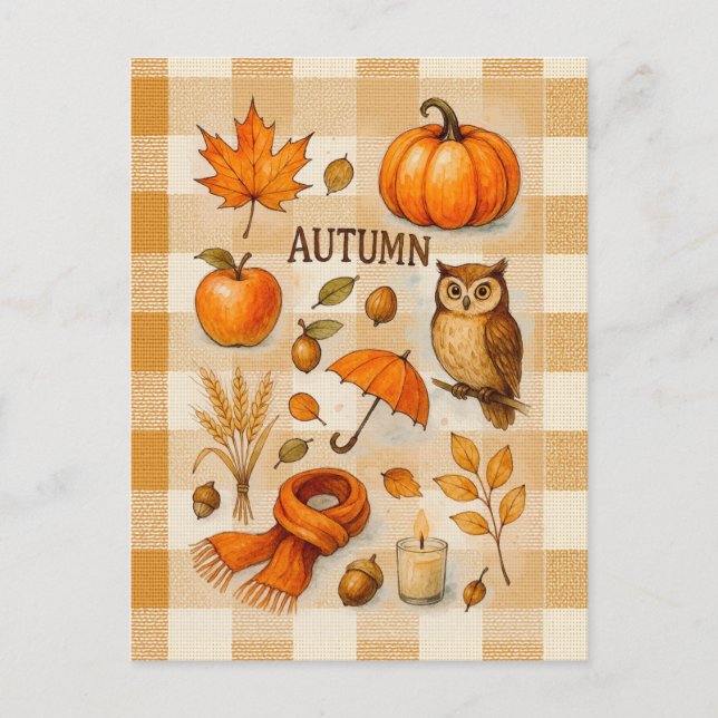 Postal Autumn Magic Postcard Cozy Fall Owl Pumpkin Leaves (Anverso)