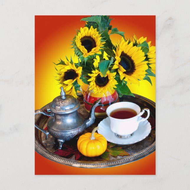 Postal Autumn Tea Service con girasoles (Anverso)