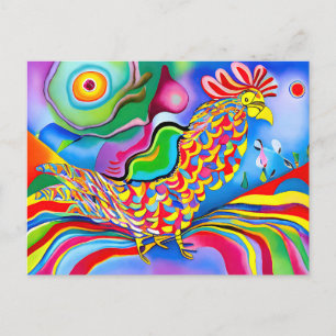 Postal "Ave de ensueño". Un gallo abstracto surrealista