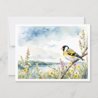 Postal Ave Goldfinch cerca del lago, Flores salvajes - Po