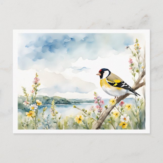 Postal Ave Goldfinch cerca del lago, Flores salvajes - Po (Anverso)