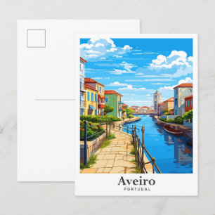 Postal Aveiro Portugal Ilustracion de Viajes de Arte Vint