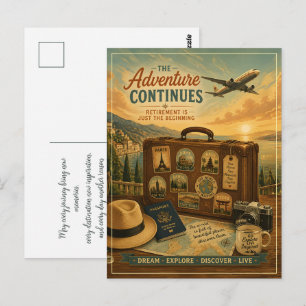 Postal Aventura de jubilación con maleta de viaje vintage