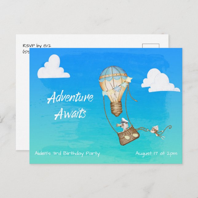 Postal Aventura espera al mono de globo aerostático (Anverso / Reverso)