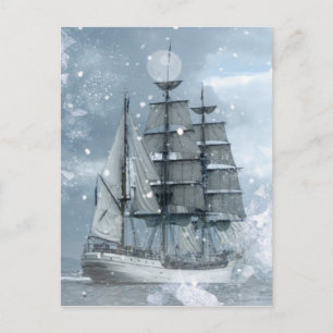 Postal aventura invierno tormenta de nieve vintage barco 