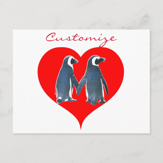 Postal Aves amorosas Pingüino Pareja Corazón Rojo Thunder (Anverso)