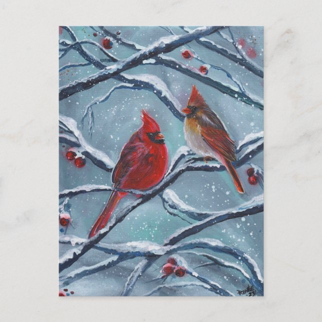 Postal Aves cardinales de invierno por Renee Lavoie (Anverso)