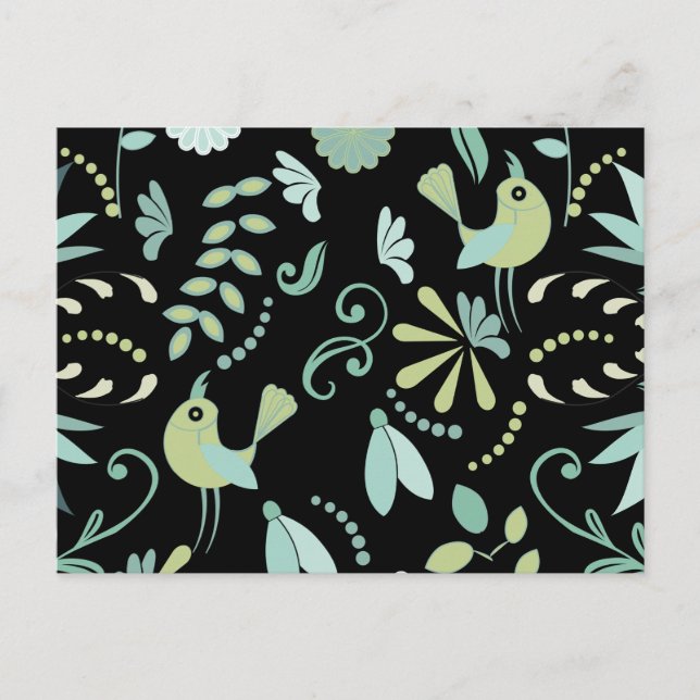 Postal Aves de boho lindo flores verde azul negro (Anverso)