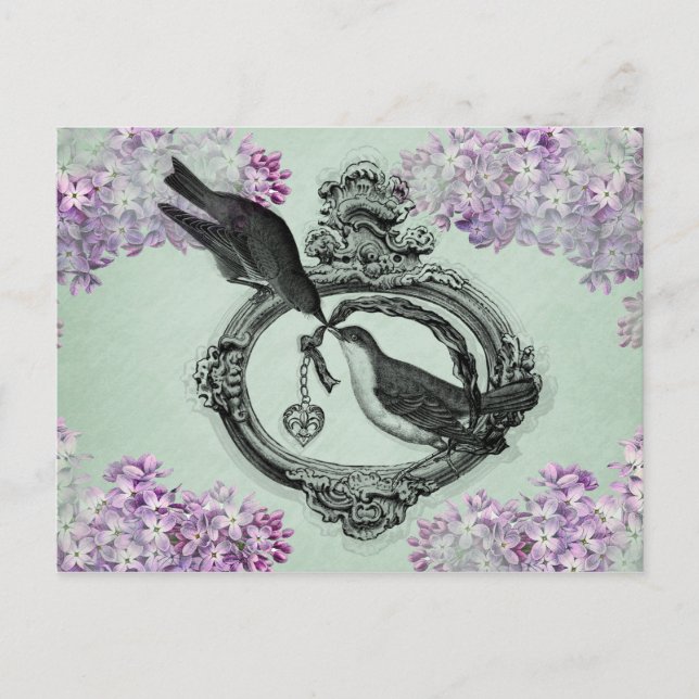 Postal Aves de época con ropa y regalos para el Corazón (Anverso)