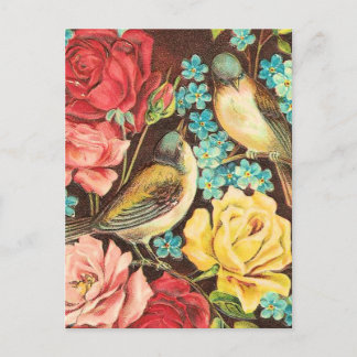 Postal Aves de época con rosas rosas rosas rosas y amaril