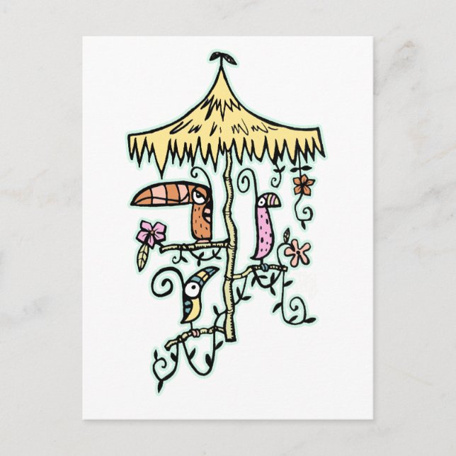 Postal Aves de habitación tiki en una percha de TikiOny (Anverso)