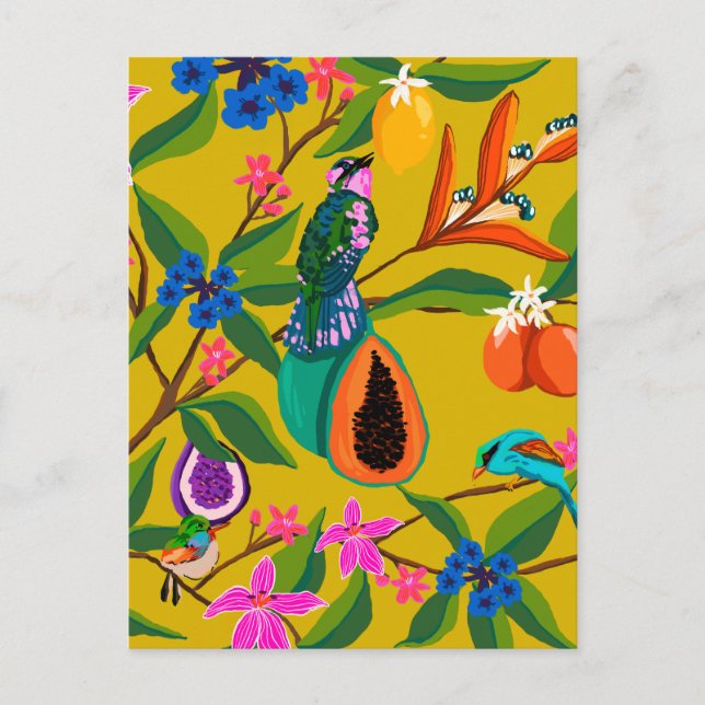 Postal Aves de la selva exótica y ilustracion de las flor (Anverso)