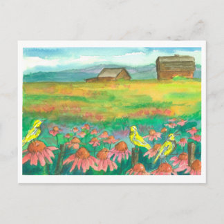 Postal Aves de Meadowlark Flores acuáticas pintura