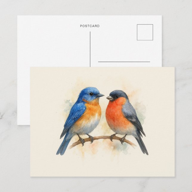 Postal Aves del Bluebird y Bullfinch (Anverso / Reverso)