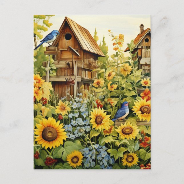 Postal Aves del Jardín del Sol Casas Aves Azules (Anverso)