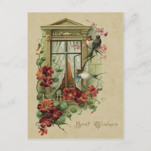 Postal Aves en la ventana con mejores deseos de reproducc