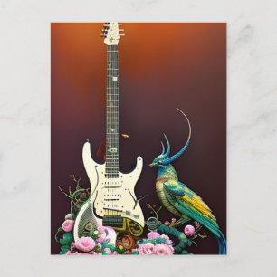 Postal Aves, flores y guitarra
