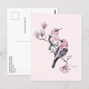 Postal Aves rosadas y negras en una rama de árbol