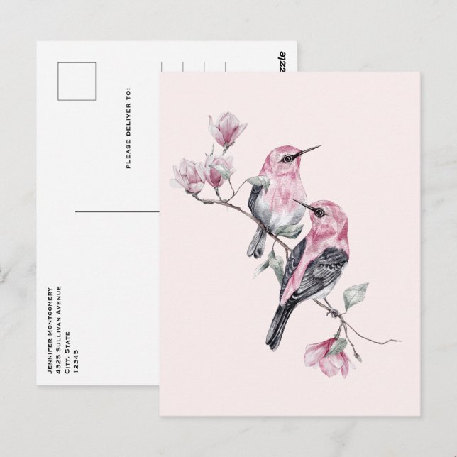 Postal Aves rosadas y negras en una rama de árbol (Anverso / Reverso)