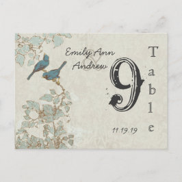 Postal Aves Verde azuladas Vintage Damask número de tabla