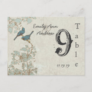 Postal Aves Verde azuladas Vintage Damask número de tabla