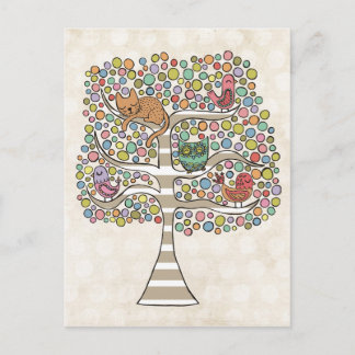 Postal Aves y búhos de gato en un Ilustracion de árbol