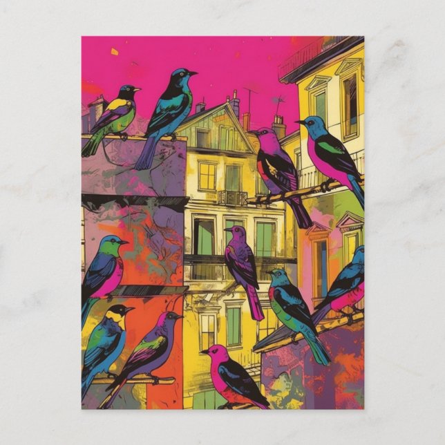 Postal Aves y casas coloridas (Anverso)