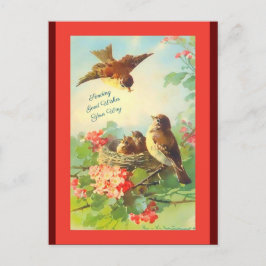 Postal Aves y flores de arte vintage, hola, buenos deseos