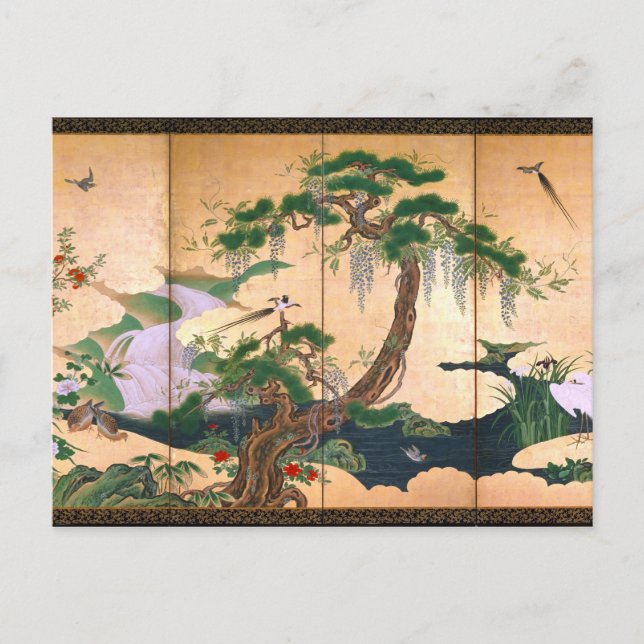 Postal Aves y flores de Kano Eino de primavera y verano (Anverso)