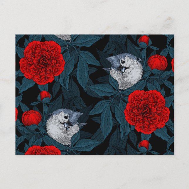 Postal Aves y flores de peón rojo con hojas azules (Anverso)