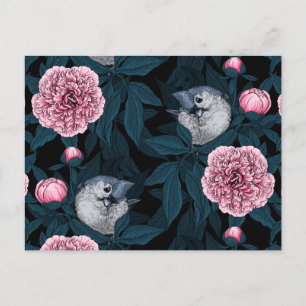 Postal Aves y flores de peón rosadas con hojas