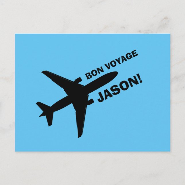 Postal Avión Bon Voyage con nombre personalizado azul (Anverso)