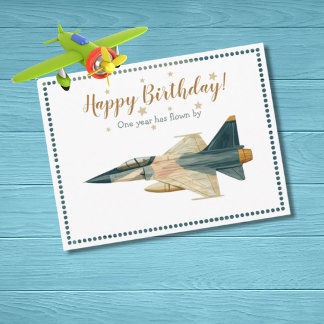 Postal Avión de combate Time Flies Niño Cumpleaños Primer