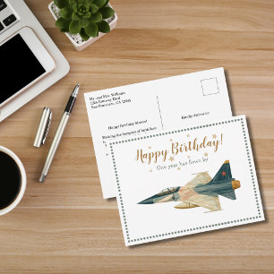 Postal Avión de combate Time Flies Niño Cumpleaños Primer