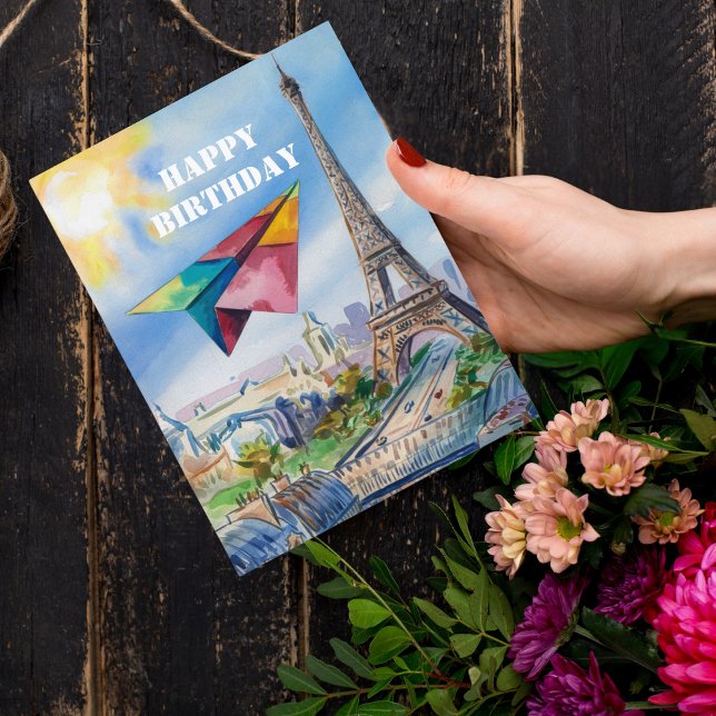 Postal Avión de papel volando en París, colorido, acuarel (Subido por el creador)