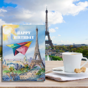 Postal Avión de Papel Volando en París, Colorido, Acuarel