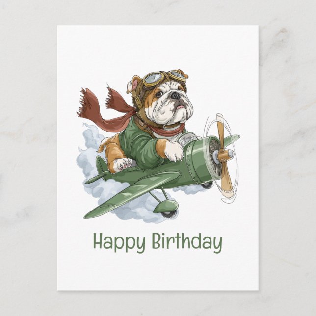Postal Avión piloto de Bulldog inglés feliz cumpleaños (Anverso)
