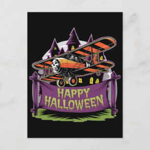 Postal Avión volando sobre el cartel de feliz halloween