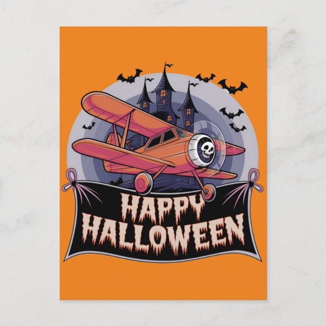 Postal Avión volando sobre el cartel de feliz halloween (Anverso)