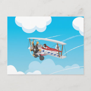 Postal Aviones biplanos de dibujos animados lindos