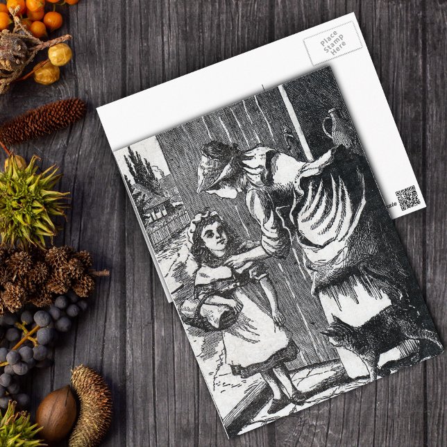 Postal Aviso a las madres vagabundas (Black and white Little Red riding hood with her mother cat on postcard.)