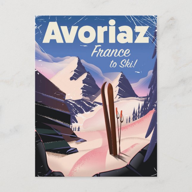 Postal Avoriaz, afiche de viaje para esquí francés (Anverso)