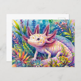 Postal Axolotl Colorful Botanical Watercolor Art