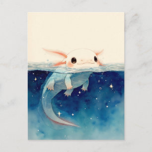 Postal Axolotl Kawaii Índigo Estrellado Agua Dividida
