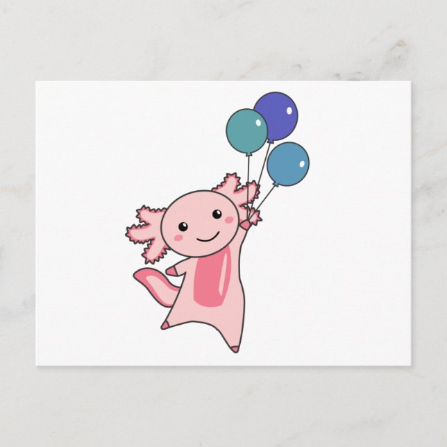 Postal Axolotl, un animal dulce, vuela con globos hacia a (Anverso)
